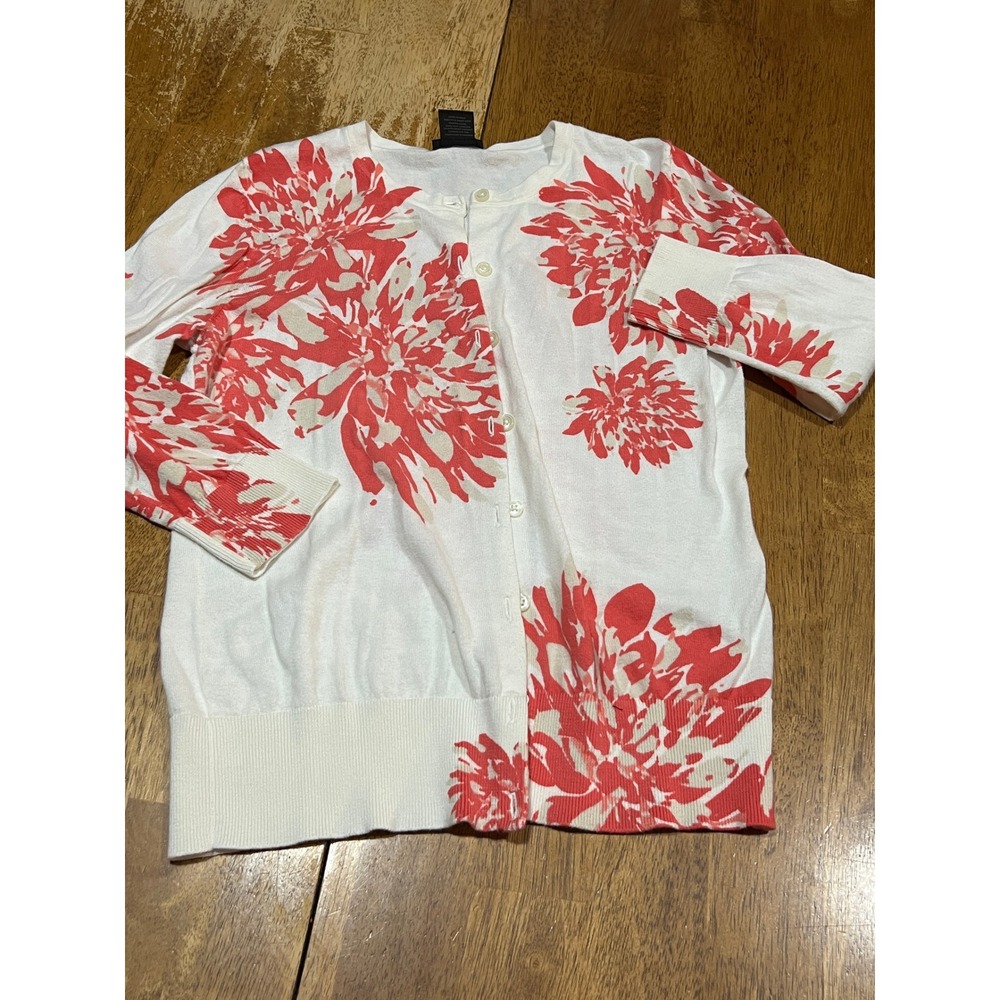 Ann Taylor White Coral Pink Floral Cotton Cardigan Sweater 3/4 Sleeve Size M - Picture 2 of 5